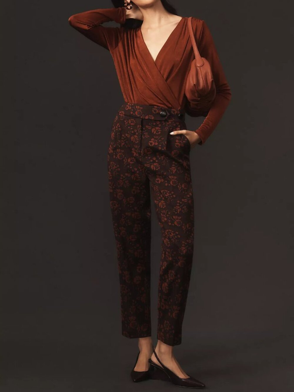 Maeve Jacquard High-Rise Trousers Brown Black Floral, Size 6